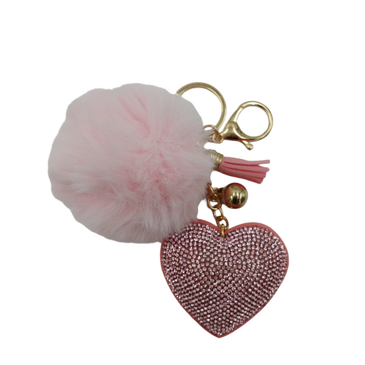 Heart with Faux Fur Fluffy Pom Pom Drop Keychain / Key Ring Accessories for Luggage, Car Keys, Handbags, Wallets, Airpods
