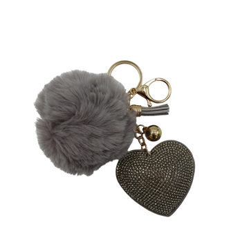 Heart with Faux Fur Fluffy Pom Pom Drop Keychain / Key Ring Accessories for Luggage, Car Keys, Handbags, Wallets, Airpods