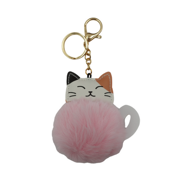 Cat with Faux Fur Fluffy Pom Pom Drop Keychain / Key Ring Accessories for Luggage, Car Keys, Handbags, Wallets, Airpods