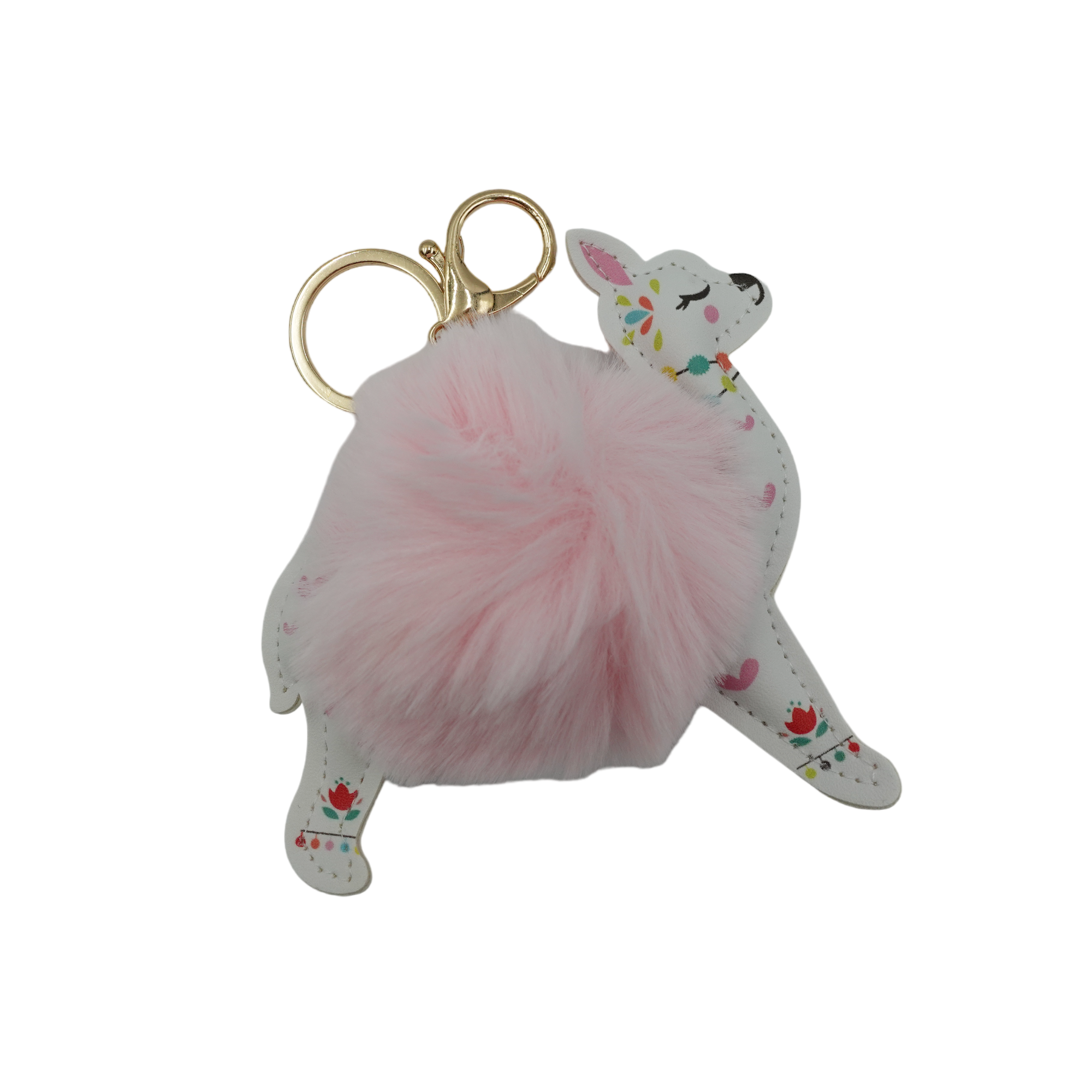 Pink Deer with Faux Fur Fluffy Pom Pom Drop Keychain / Key Ring Accessories for Luggage, Car Keys, Handbags, Wallets, Airpods