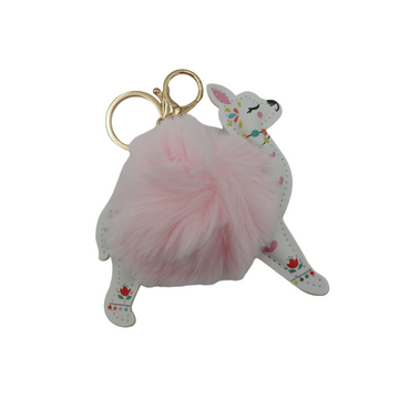 Pink Deer with Faux Fur Fluffy Pom Pom Drop Keychain / Key Ring Accessories for Luggage, Car Keys, Handbags, Wallets, Airpods