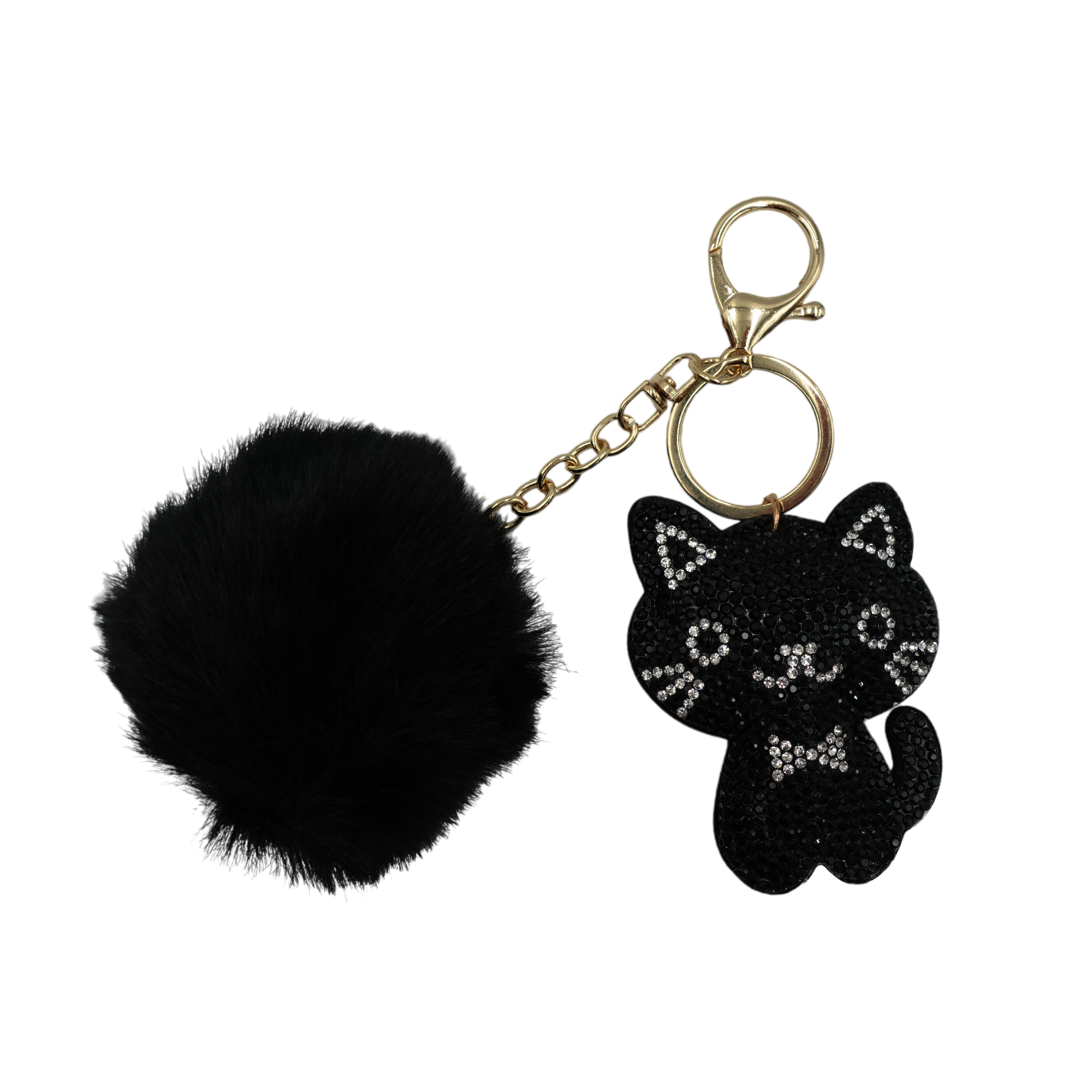 Black Cat with Faux Fur Fluffy Pom Pom Drop Keychain / Key Ring Accessories for Luggage, Car Keys, Handbags, Wallets, Airpods