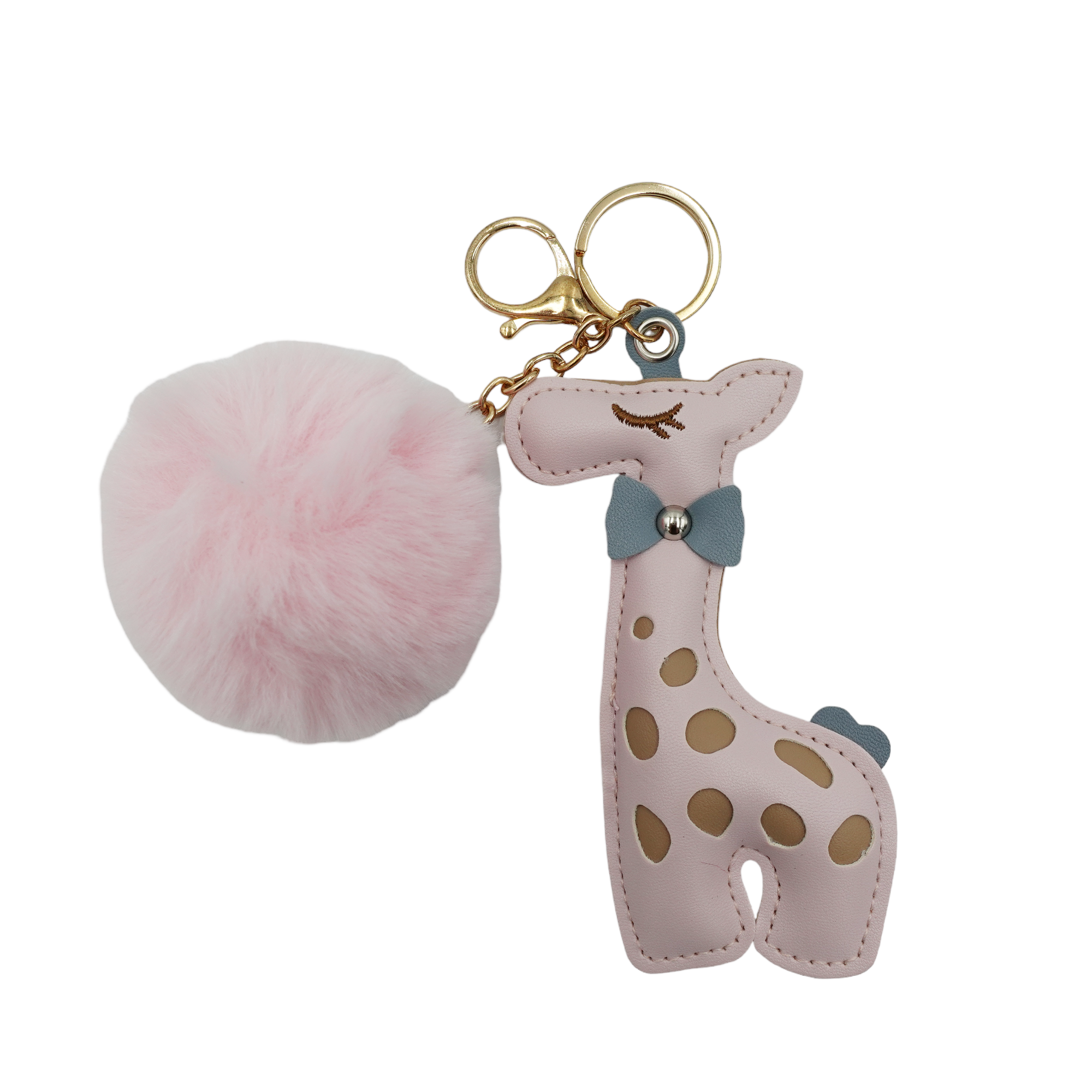 Pink Giraffe with Faux Fur Fluffy Pom Pom Drop Keychain / Key Ring Accessories for Luggage, Car Keys, Handbags, Wallets, Airpods