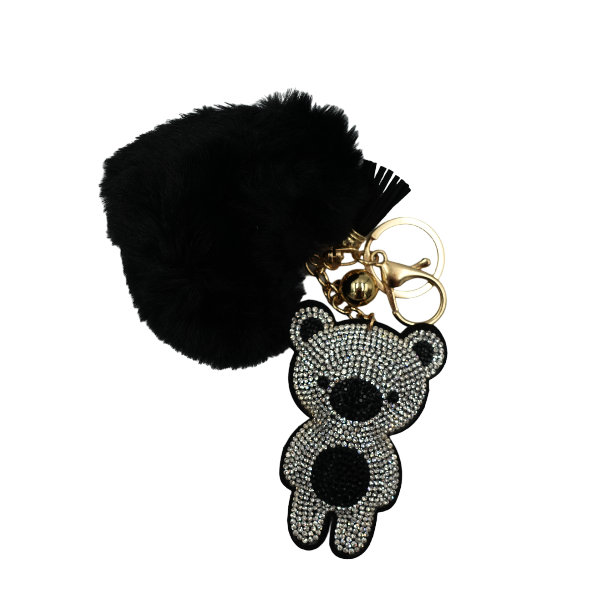 Black Bear with Faux Fur Fluffy Pom Pom Drop Keychain / Key Ring Accessories for Luggage, Car Keys, Handbags, Wallets, Airpods