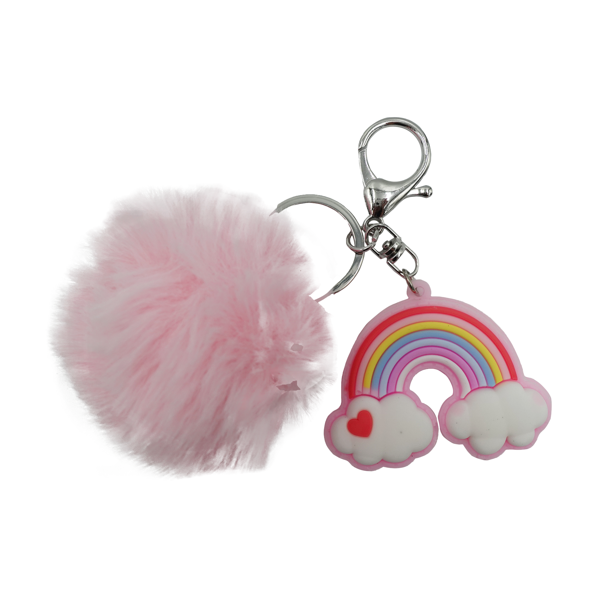 Pink Rainbow with Faux Fur Fluffy Pom Pom Drop Keychain / Key Ring Accessories for Luggage, Car Keys, Handbags, Wallets, Airpods