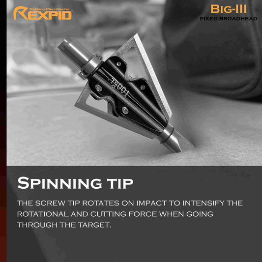 REXPID Big III - Fixed Broadheads for Crossbow Hunting - Screw Tip Blade System - Rotates On Impact - Increased Penetration - 1⅛˝ Cutting Diameter - 0.028" Blade Thickness - 100 Grain - 3 Pack