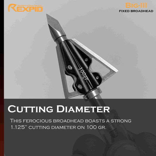 Big III - Fixed Broadheads for Crossbow Hunting - Screw Tip Blade System - Rotates On Impact - Increased Penetration - 1⅛˝ Cutting Diameter - 0.028" Blade Thickness - 100 Grain - 3 Pack