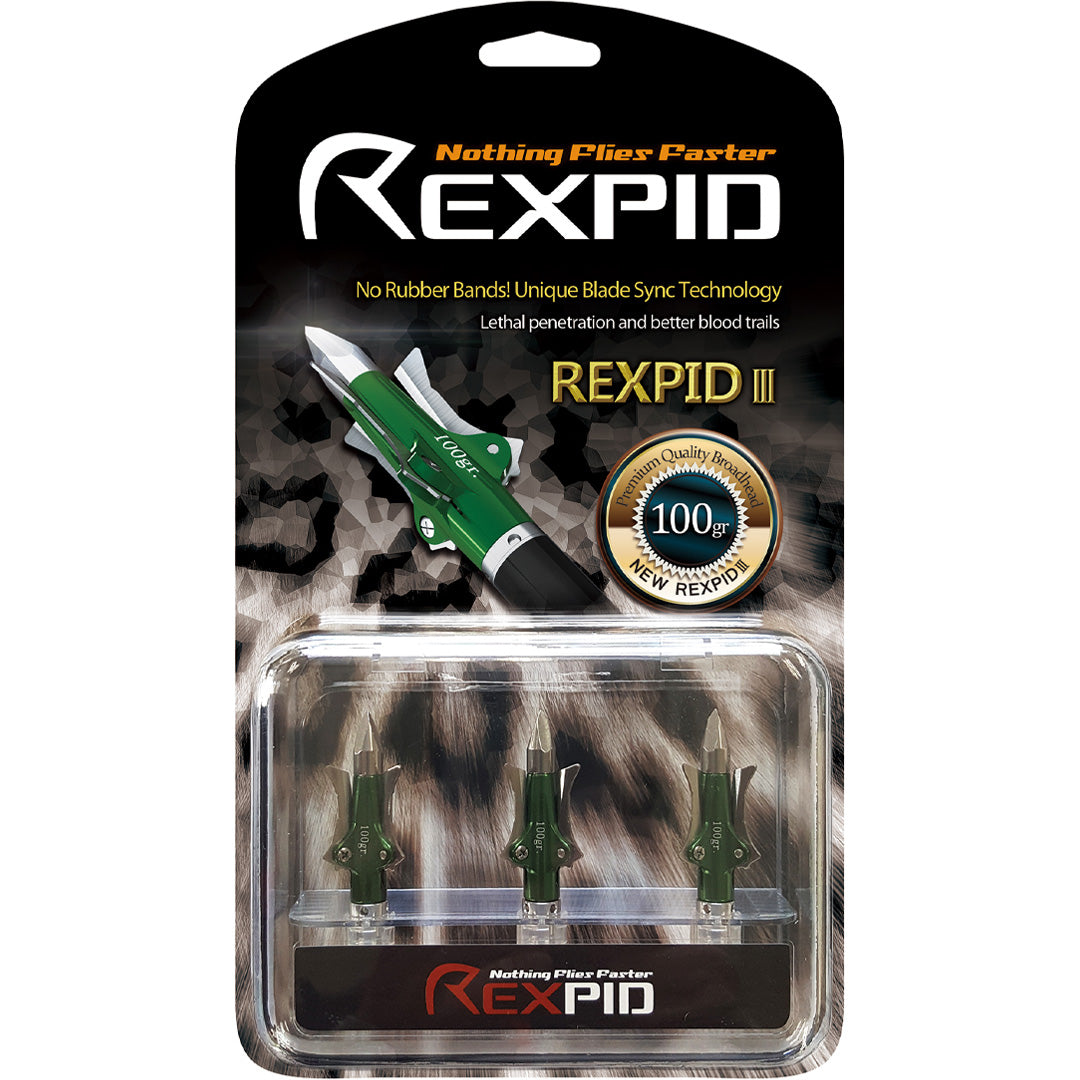 Rexpid III - 3 Blades - NO Rubber band required & Unique Blade Sync technology to open simultaneously on impact - 1⁷⁄₁₆˝ Cutting Diameter - 0.028" Blade Thickness - 100 &125 Grain - 3 Pack