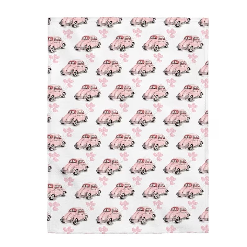 Modern Girl Life Vintage Car Pink VW Beetle Heart Balloons Hand Drawn Cute Soft Velveteen Plush Blanket